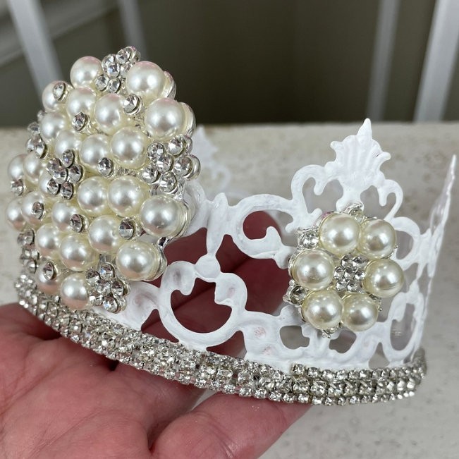 4″ Shabby White French Country Rhinestone Statue Crown Jeweled Glass Pearls