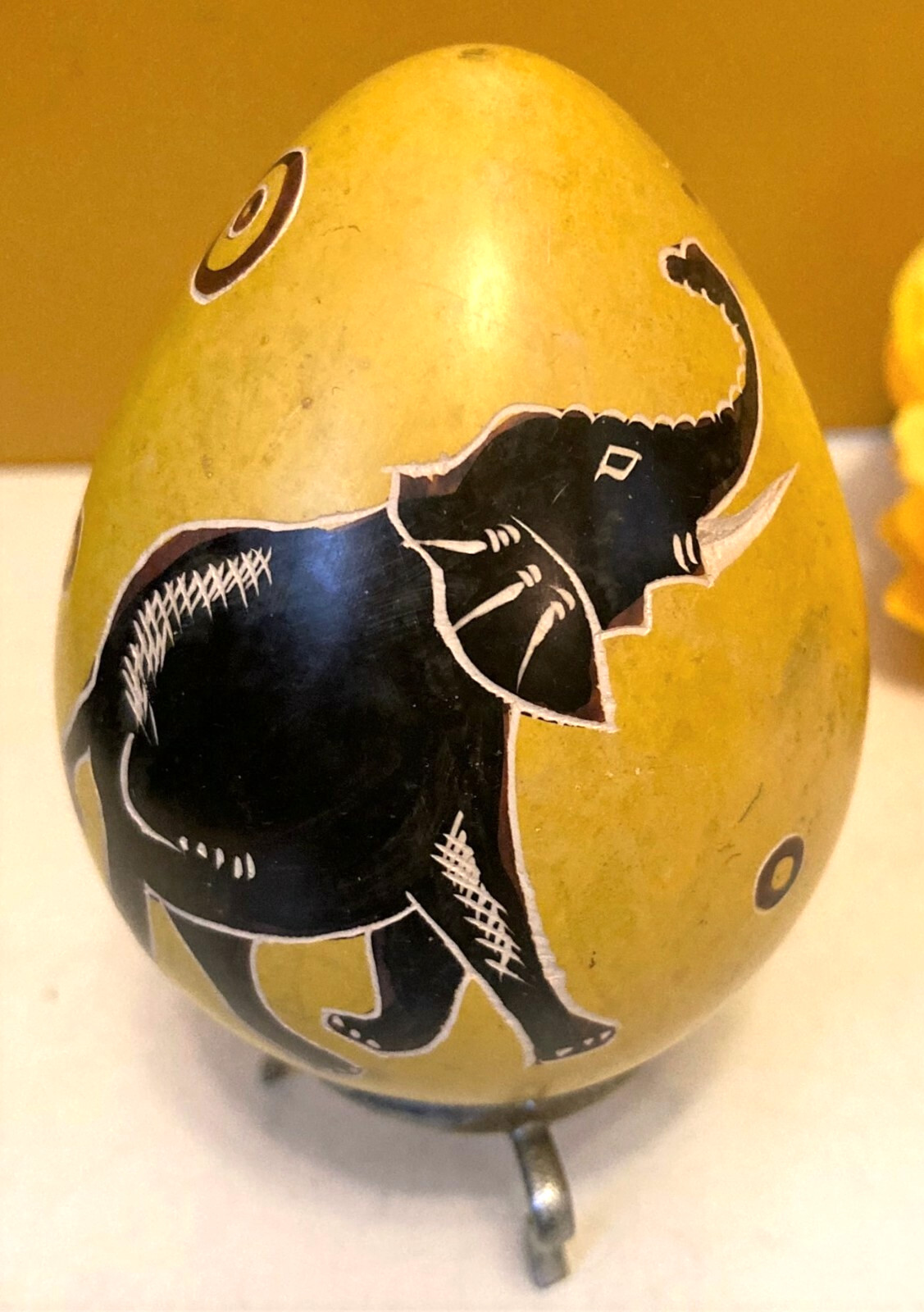Sandstone Egg Hand Carved & Hand Painted Yellow With Elephant From Kenya 4″ H