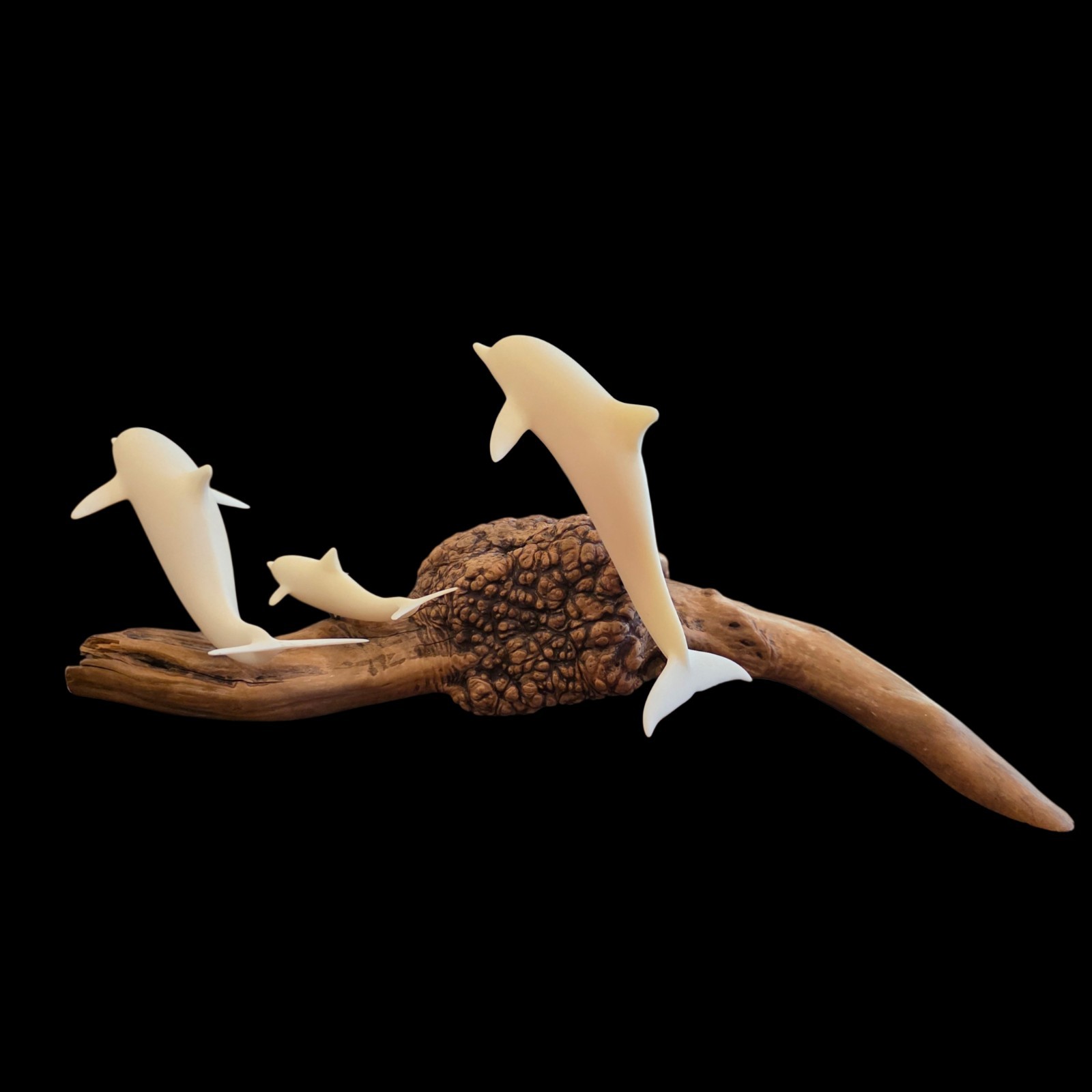 John Perry Dolphin Sculpture Driftwood Lucite Resin Dolphins Signed 16″ Coastal