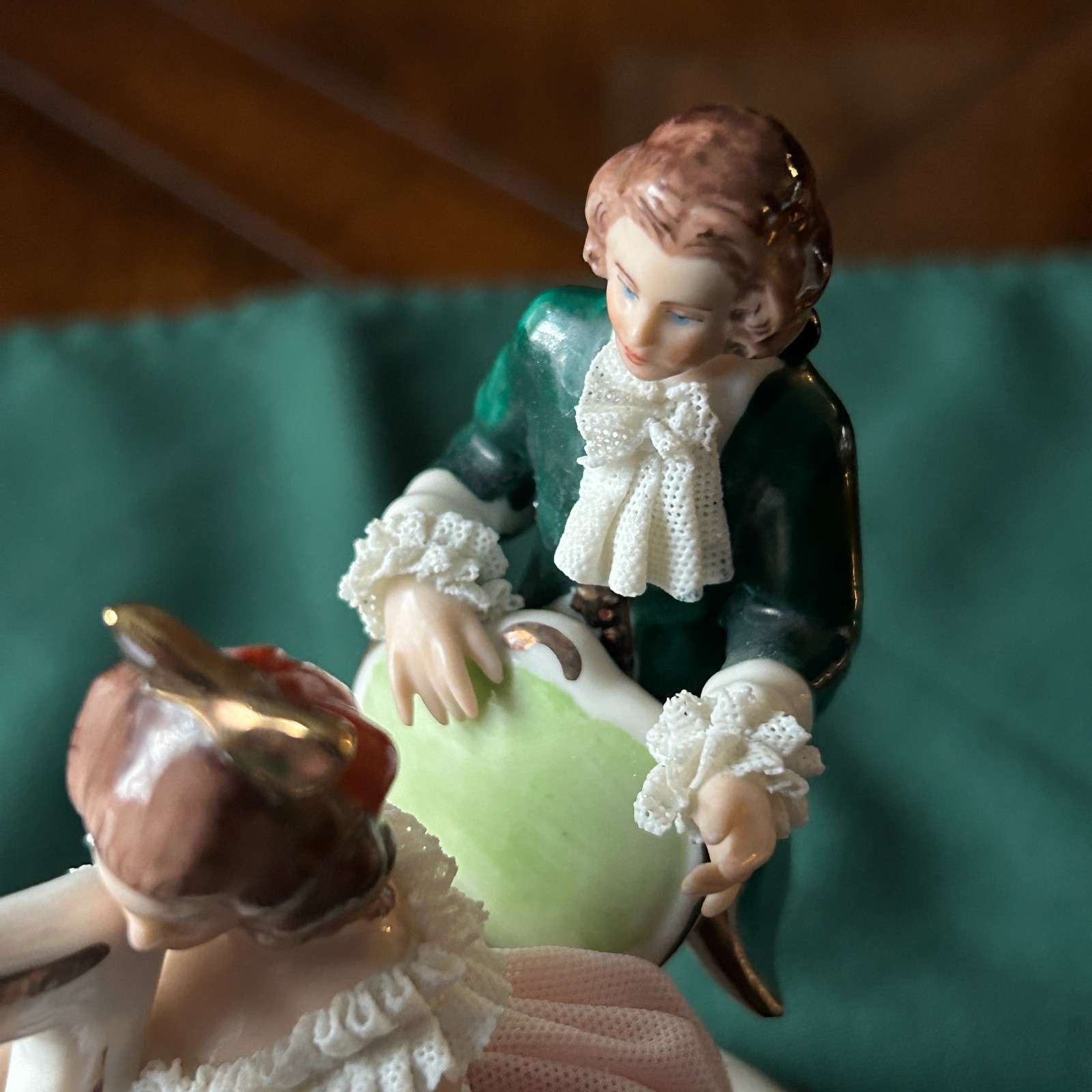 DRESDEN ART Germany, Porcelain LACY FIGURINE, Woman Playing Harp, 5″L, 5-1/2″H