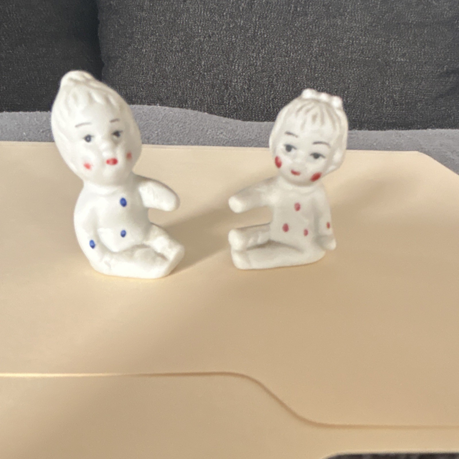 Small Ceramic Baby Figurines, Hand-Painted Polka Dot Blue Red, Matte Finish