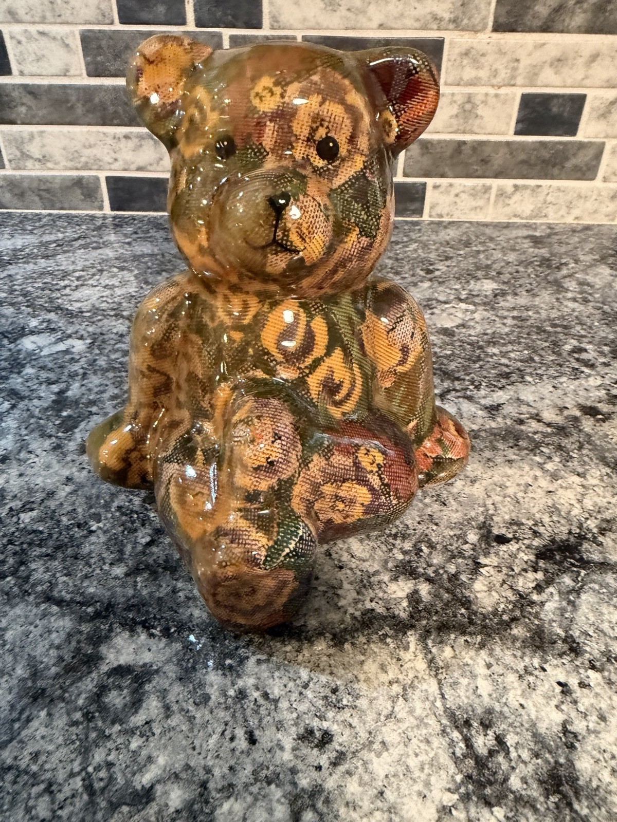 Vintage floral patchwork sitting bear figurine statue home decor Decoupage