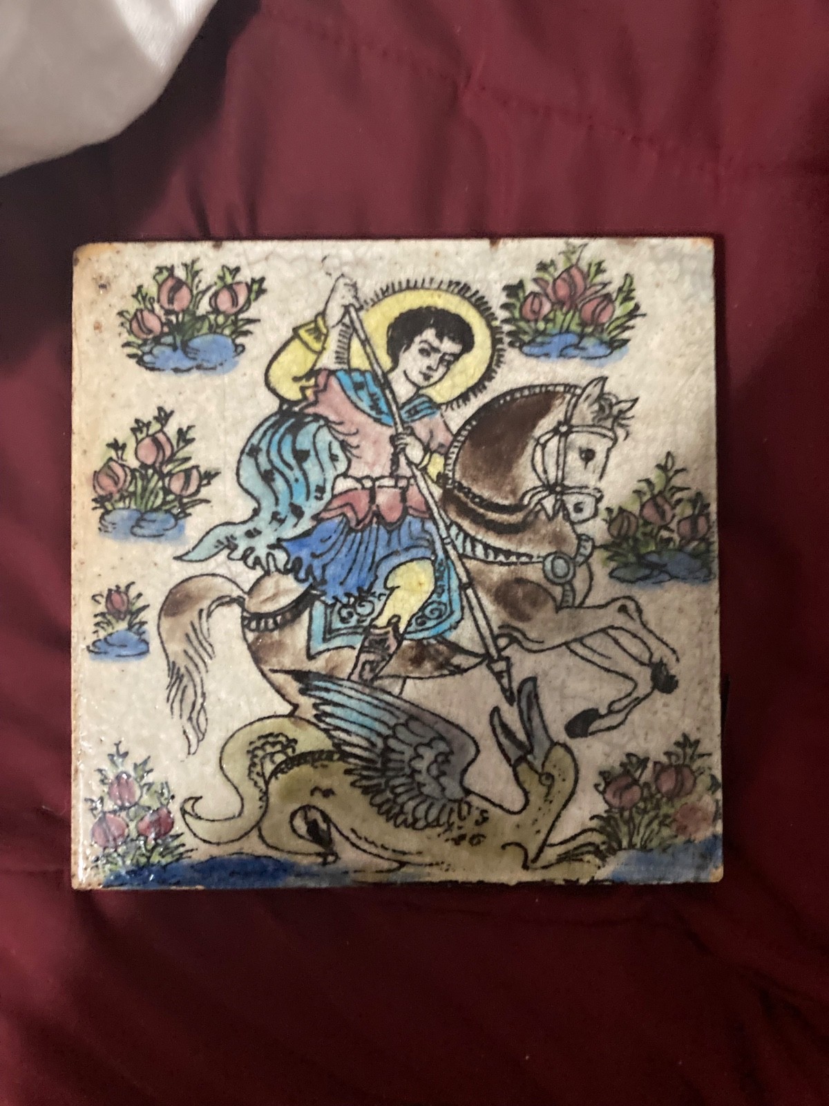 Armenian Hand Painted Ceramic Tile – St. George Dragon 22×22 cm Vintage
