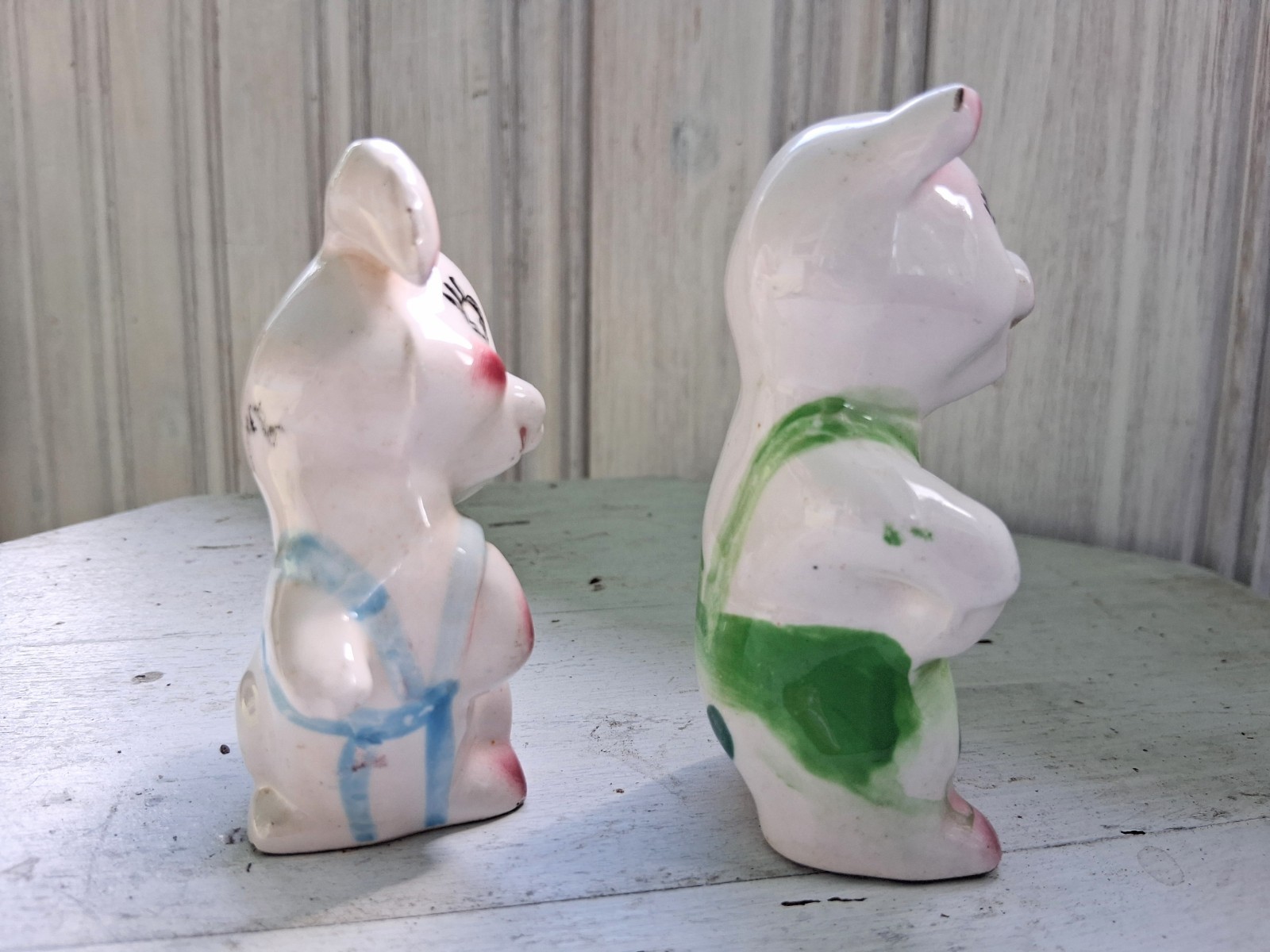 Vintage Mid-Century Anthropomorphic Puppy & Pig Ceramic Figurine Pair