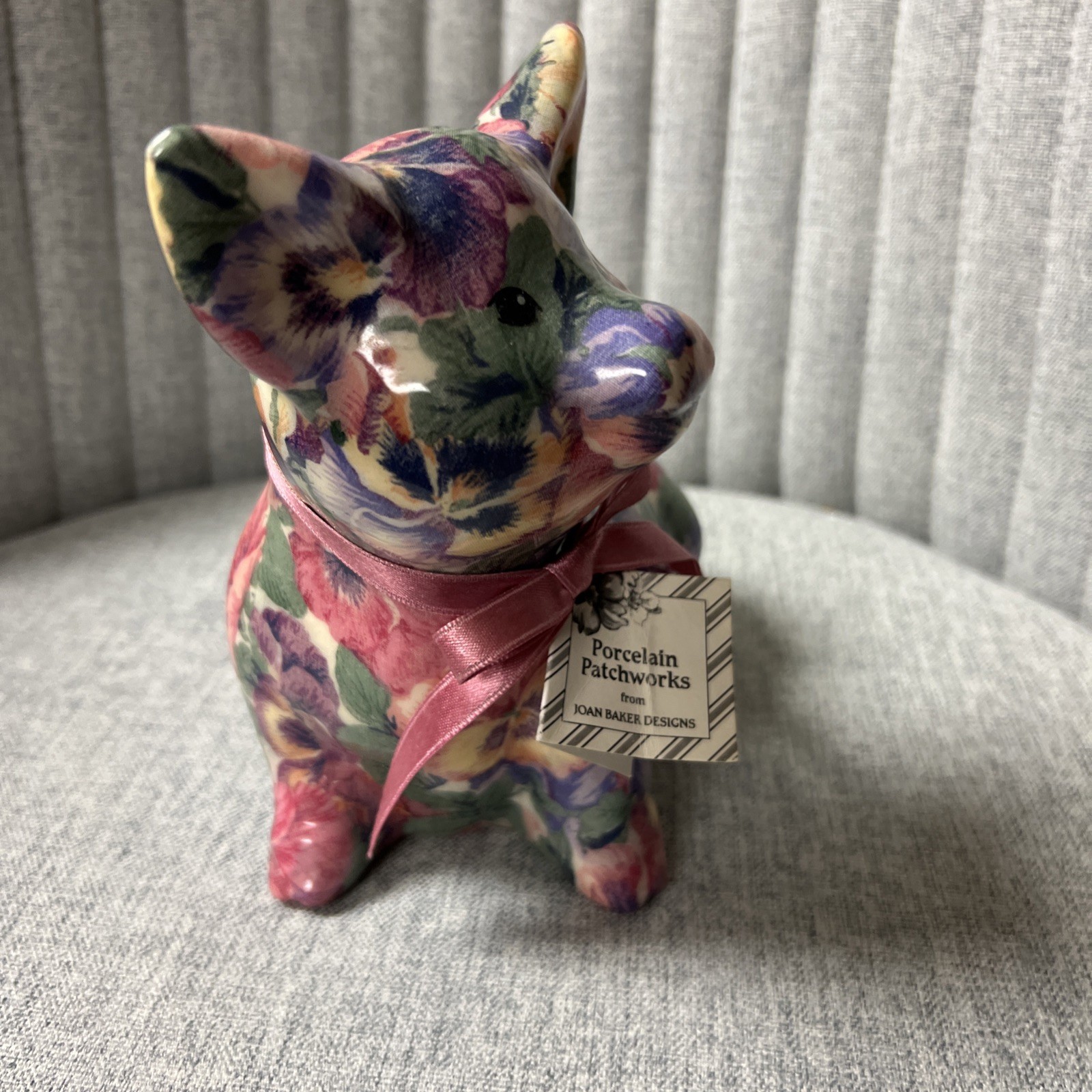 Joan Baker Designs Pink Pig Floral Porcelain Patchworks 7.5”x7.5”x4.75” SO CUTE!