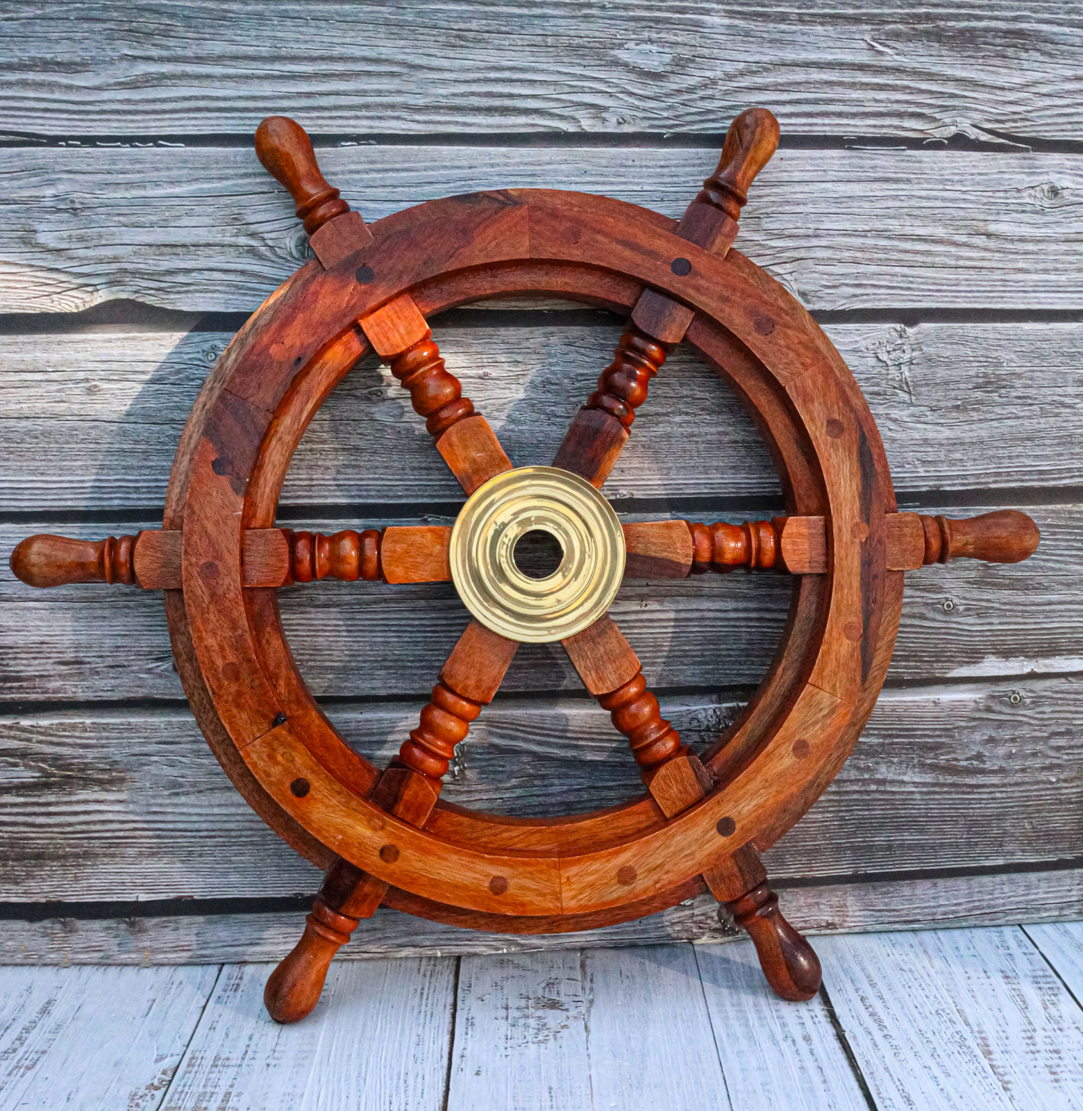 Nautical Marine Vintage Hardwood Wood & Brass Ship Steering Helm Boat Wheel 18″D