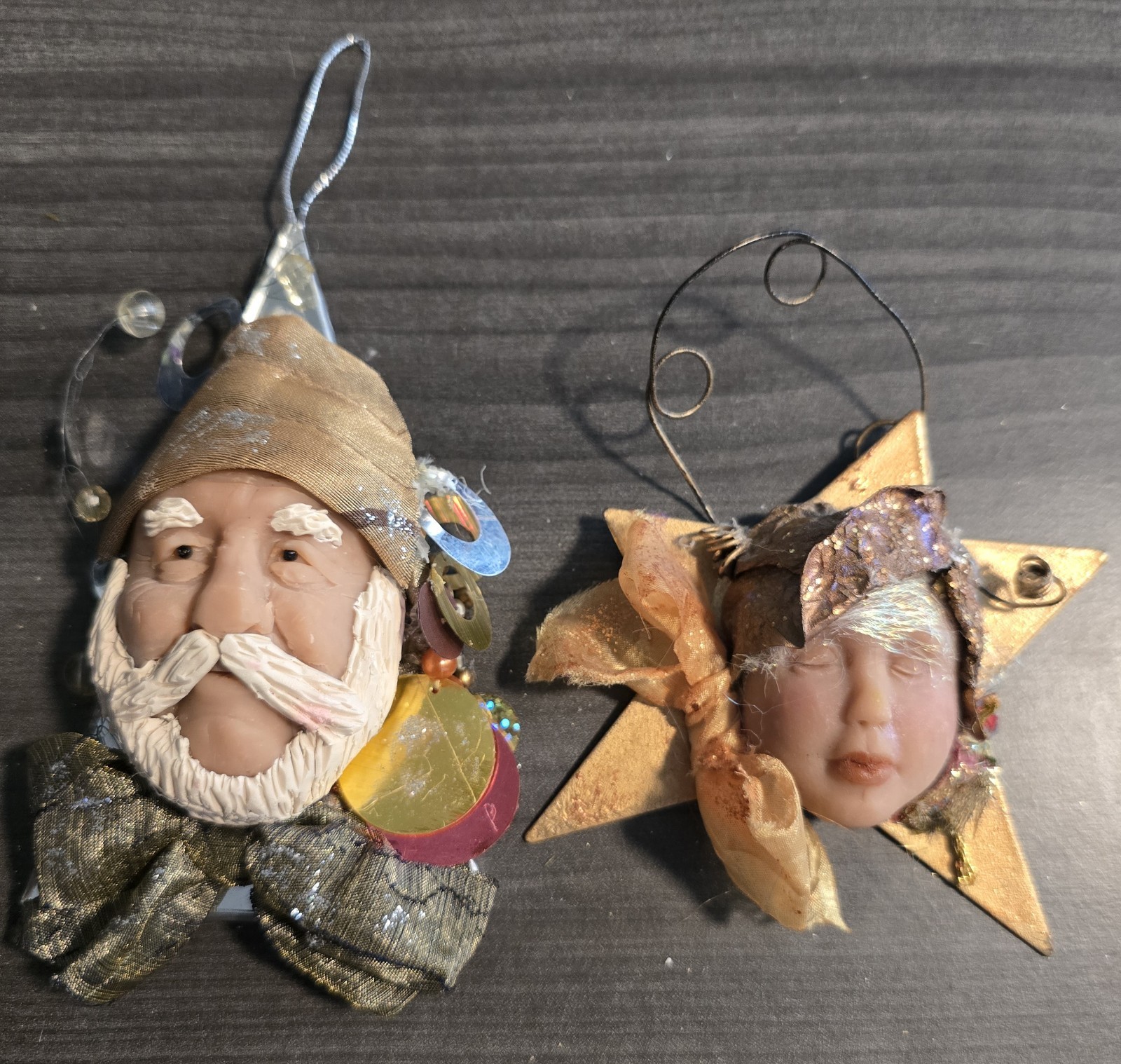 2 Vintage One Of A Kind Hand Sculpted Ornaments By Shauna McCullough Beautiful