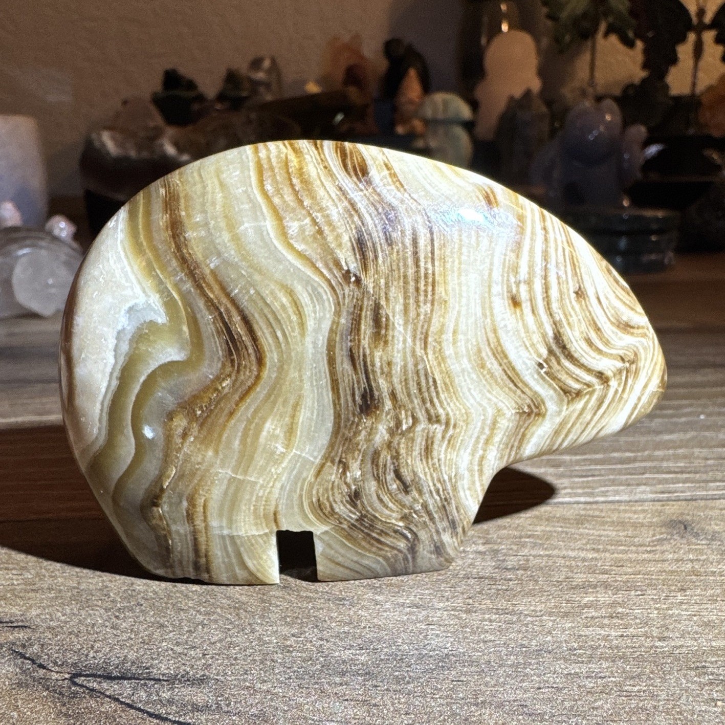 Zuni Bear in Chocolate Calcite, Carved in Pakistan, Beige Brown