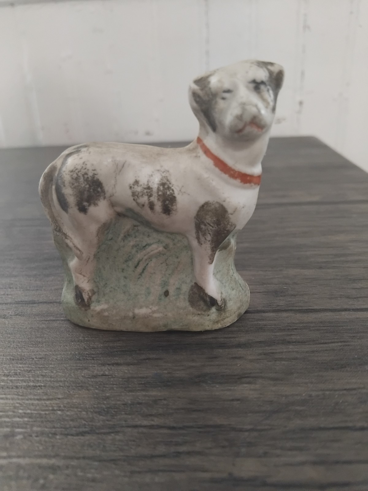 Antique Bisque Dog Figurine With Red Collar 2.25in