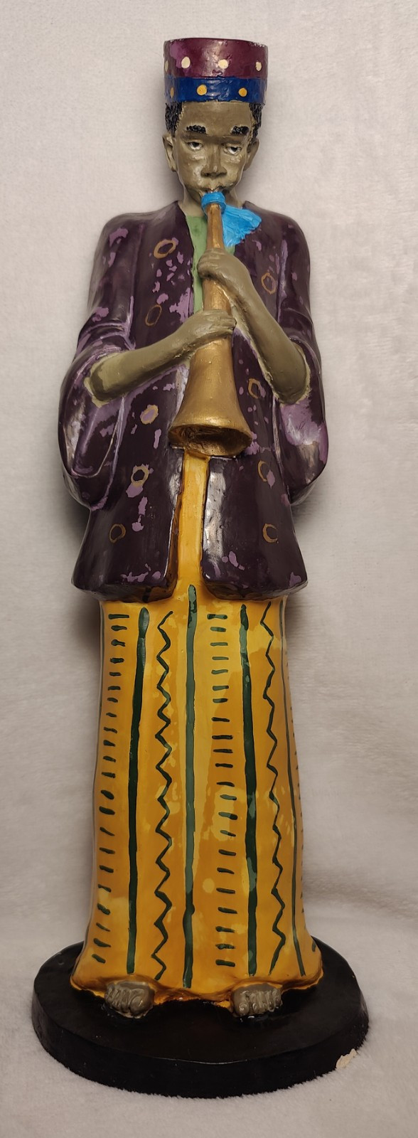 African Musician Figurine in Traditional Dress Playing Horn Instrument Kufi Hat