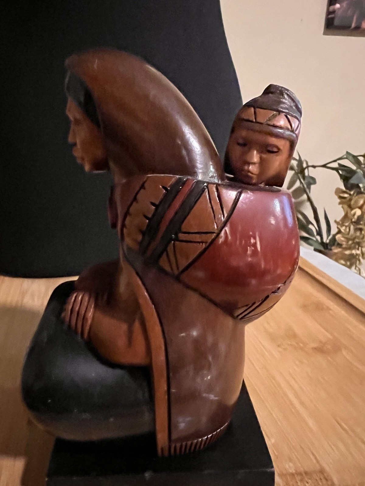 Vintage Hand-Carved Wooden Woman Figurine Traditional Stained Brown Black Red