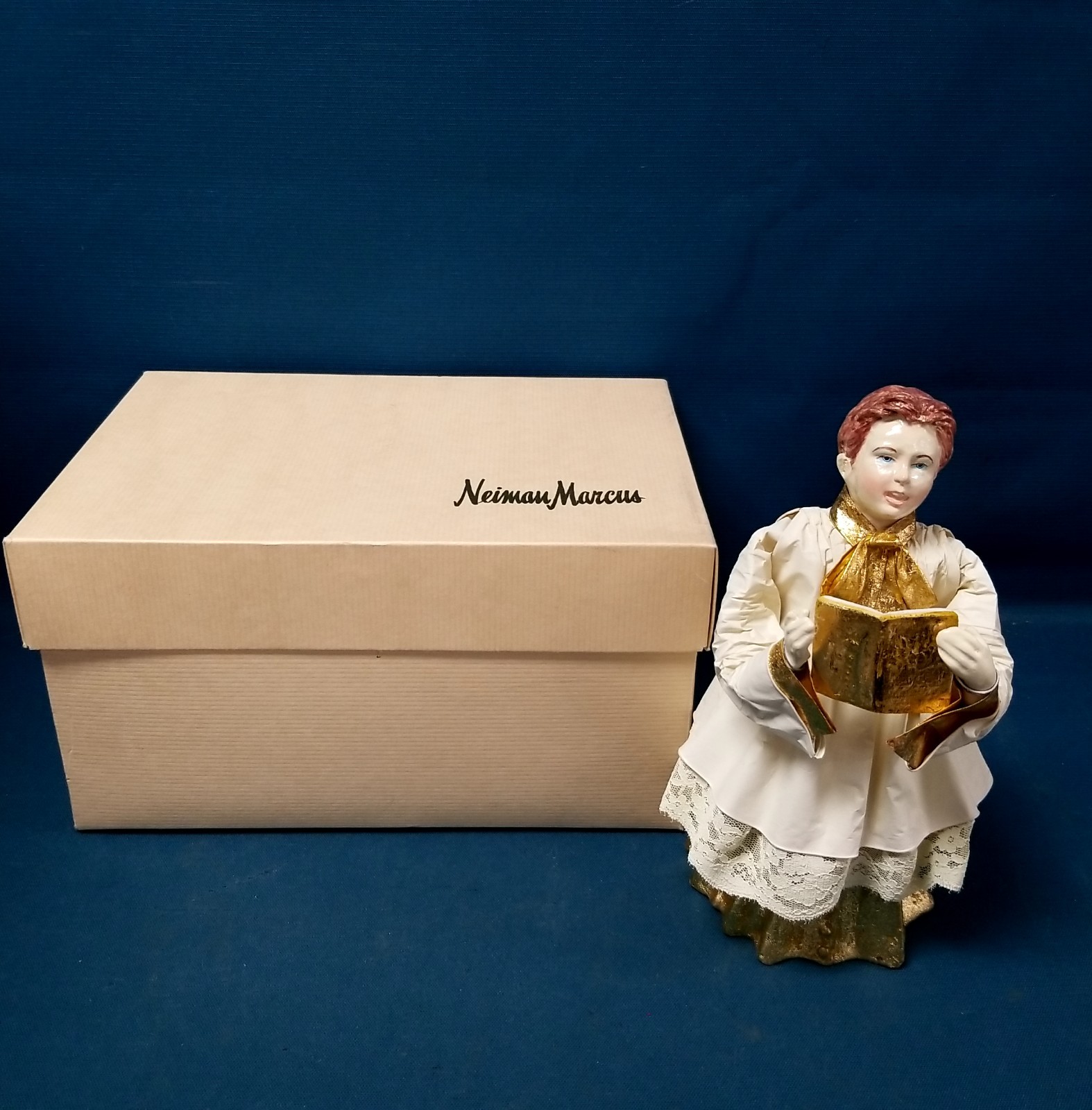 Vtg 9″ Dept 56 PaperMache Choir Boy White Floral Lace Gold Sparkle Neiman Marcus