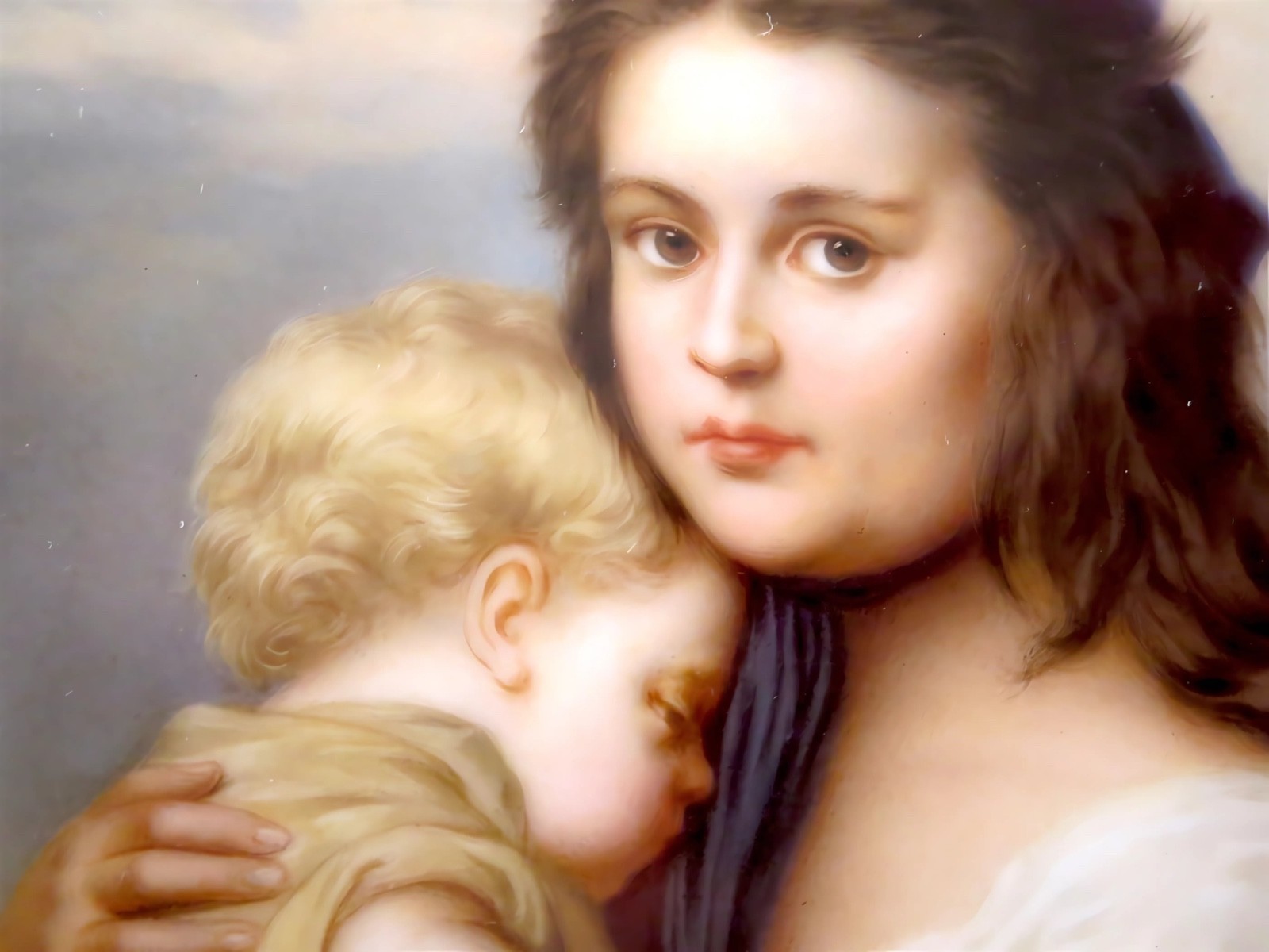 GERMAN Porcelain ANTIQUE – 19th Century Plate/PLAQUE Young GIRL AND Child