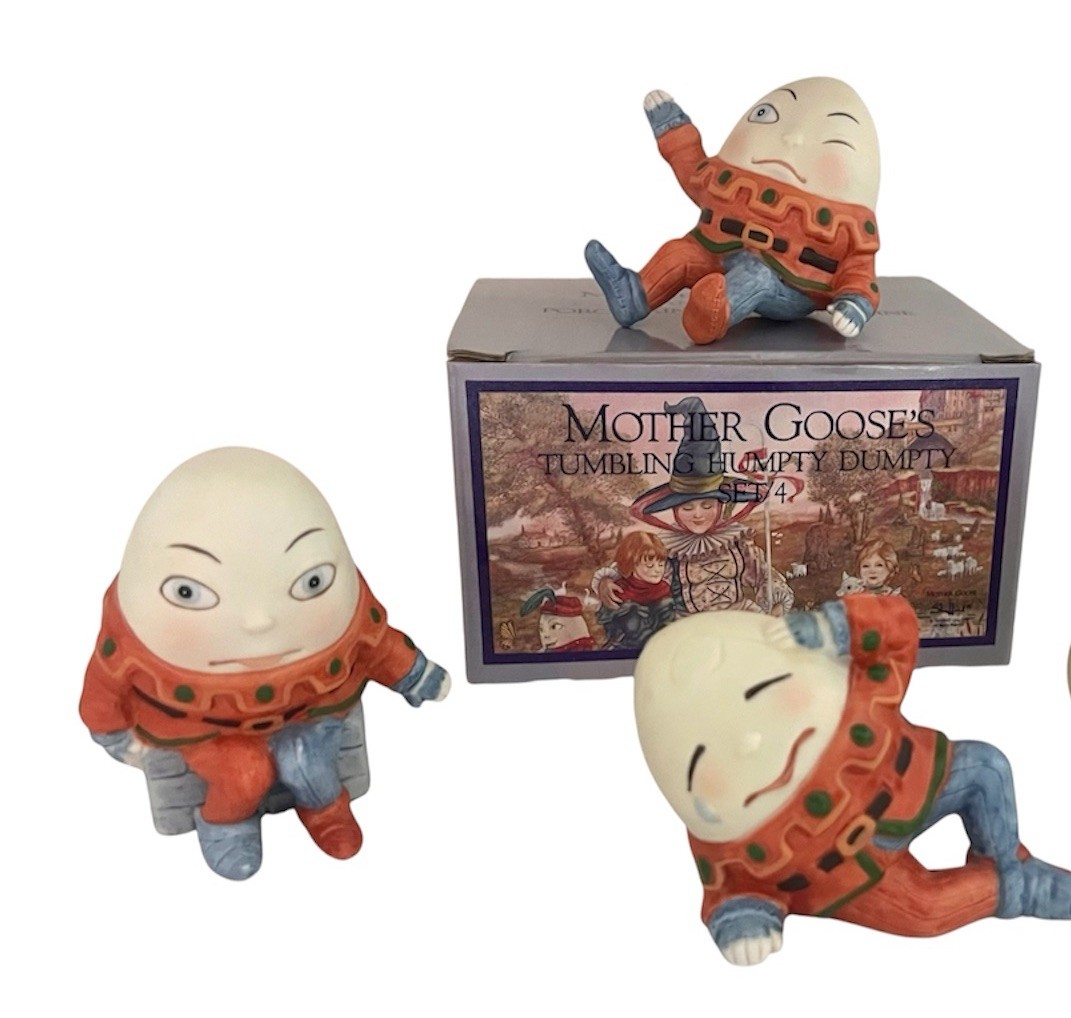 Vintage Mother Goose Shafford 3” Tumbling Humpty Dumpty Set 4 Figurines No. 1900