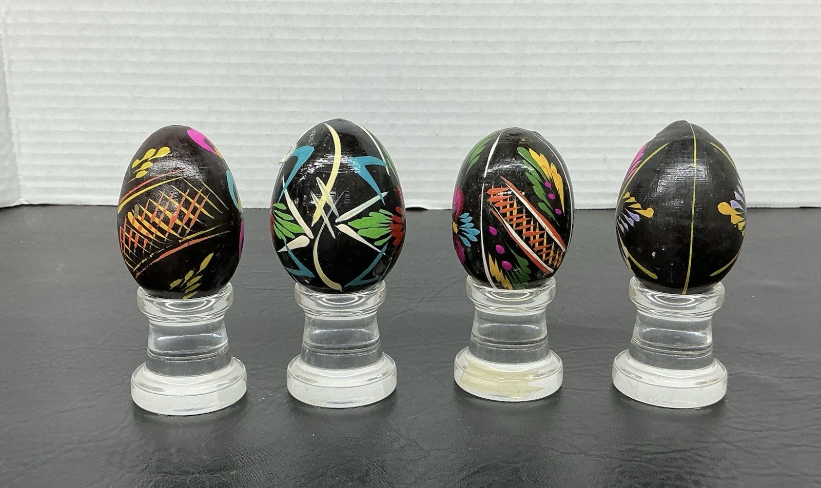 4 Vtg Easter Egg Wooden Hand Painted Ukrainian Polish Black Colorful Eggs