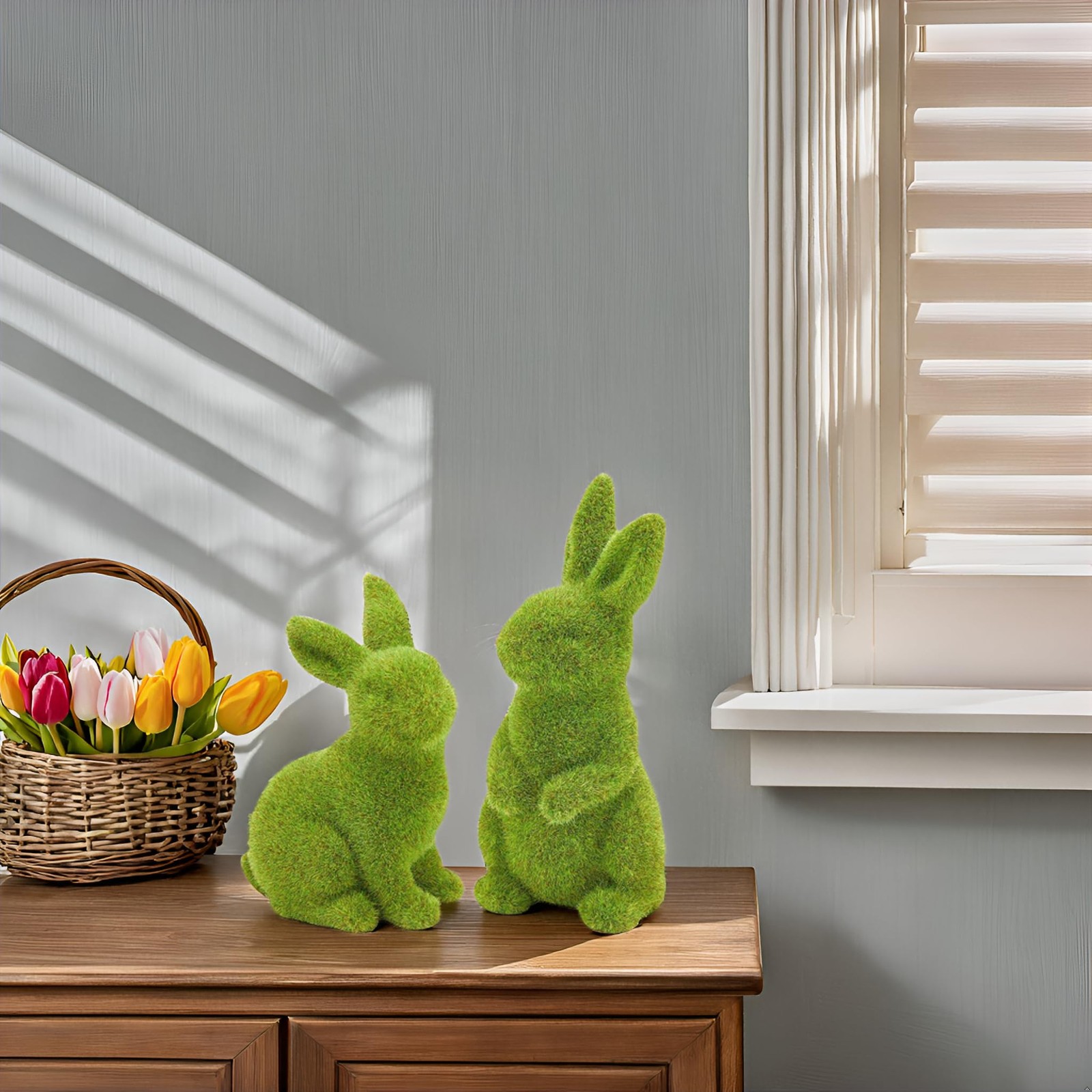 2 PCS Small Flocked Bunny Moss Resin Rabbit Figurines Easter Decor