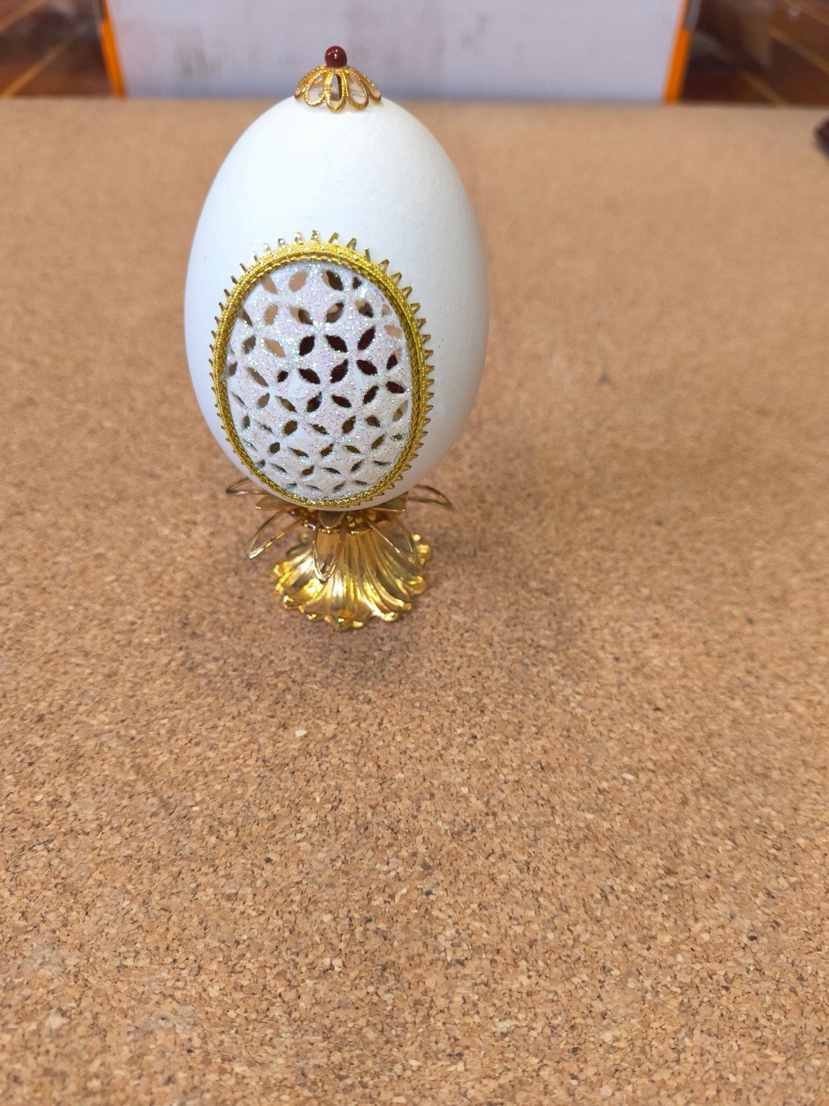 White & Gold Collector Egg Figurine on Stand Metallic Lace Virgin Mary