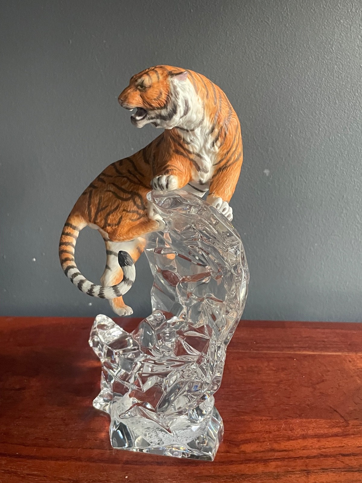 Large Tiger Figurine on Crystal Iceberg Base Wildlife Statue 11” Decorative
