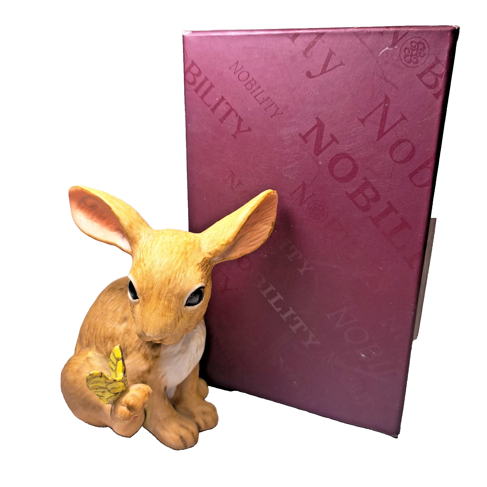 Nobility Rabbit Bunny Figurine Holding Butterfly with Box Rare Gift Decor Easter