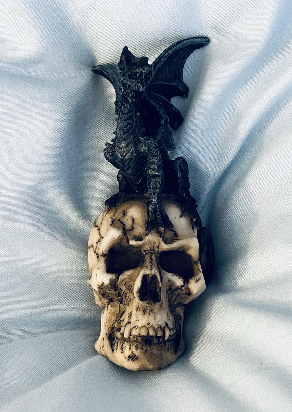 Black Dragon Figurine On Skull, Resin 4”x2”, Fantasy, Gothic, NEW, SEE PICS!