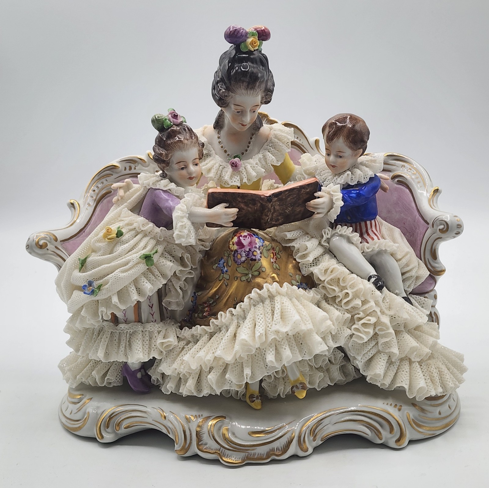 Antique German Volkstedt Dresden Lace Figurine Mother Reading To Children 8x 8.5