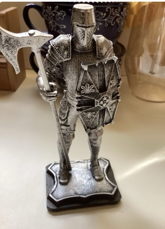Medieval Knight Resin Statue: Antique Silver Finish, Sword, Shield, Helmet