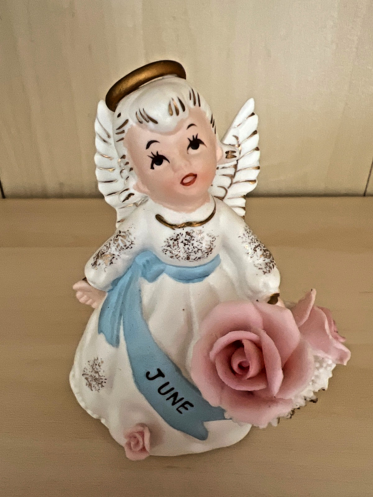 Vintage 50s Lefton Porcelain JUNE ANGEL PINK FLOWER 4 “h Figurine 3332