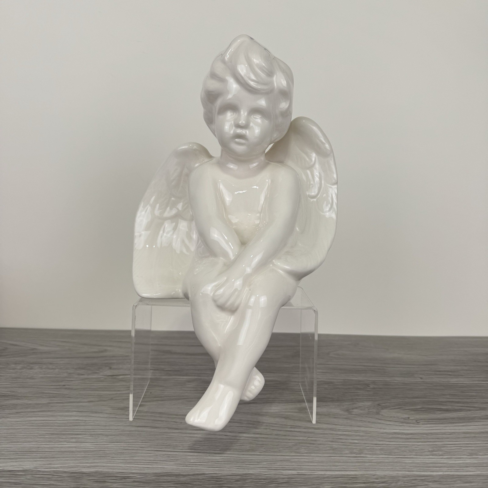 White Ceramic Angel Cherub Shelf Mantle Sitter 11” NWOT Christmas Home Decor