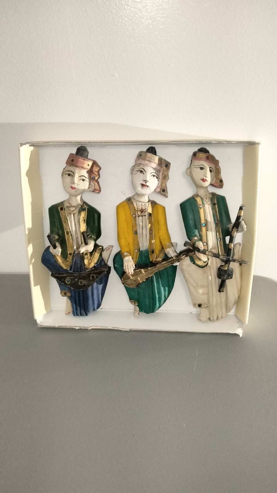 3 Vtg 10″ Folk Wood Hand Carved Figures Thialand Music Wall hanging Figures Boho