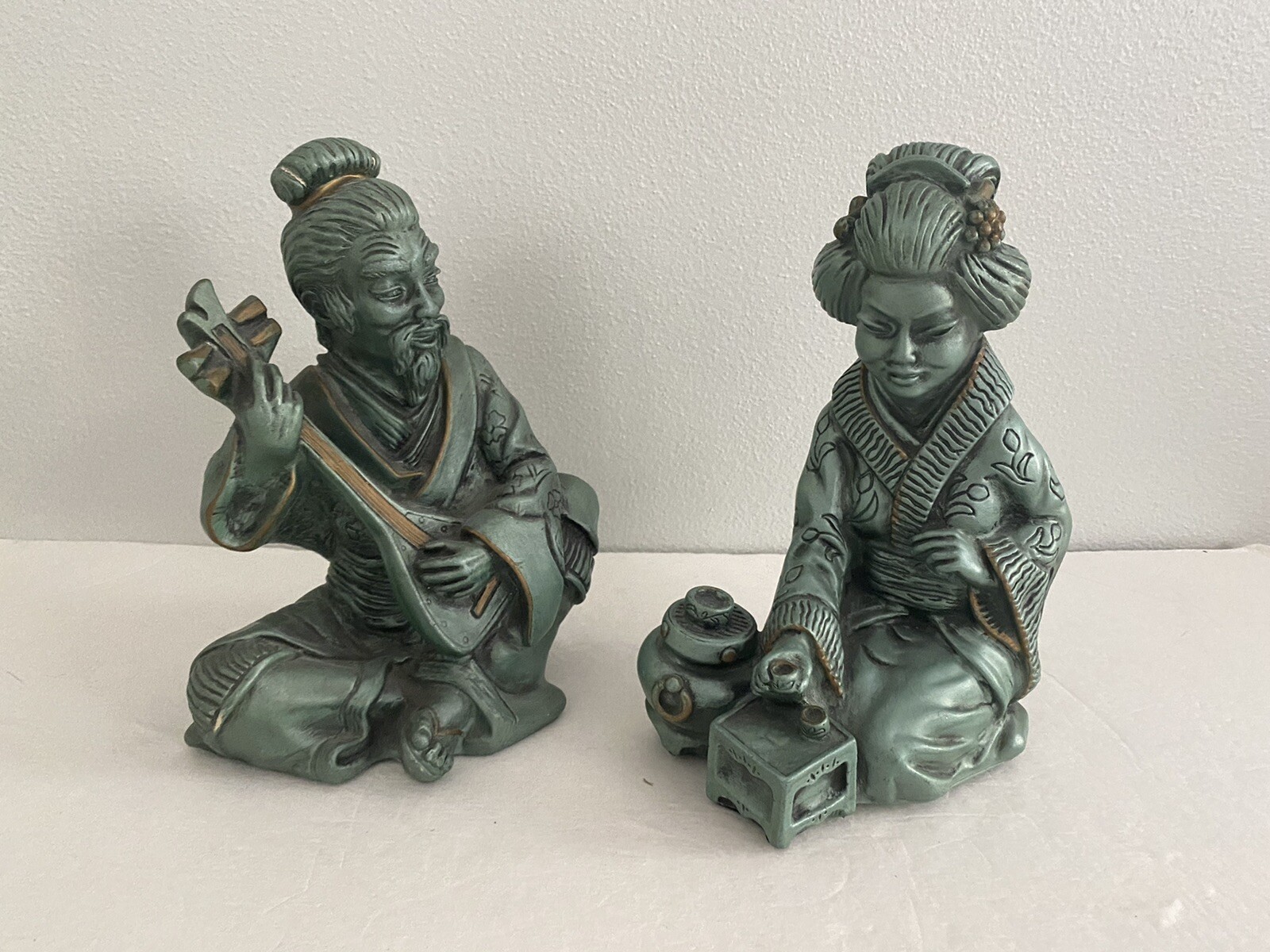 MCM Universal Statuary Corp Asian Couple Chalkware Green Figures 1962 Set of 2