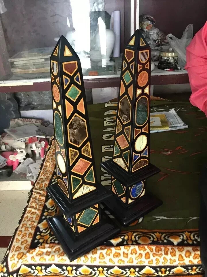 12″ Black Marble Obelisk Set 2 ps Handmade Pietradura Inlay Stone Garden Decor