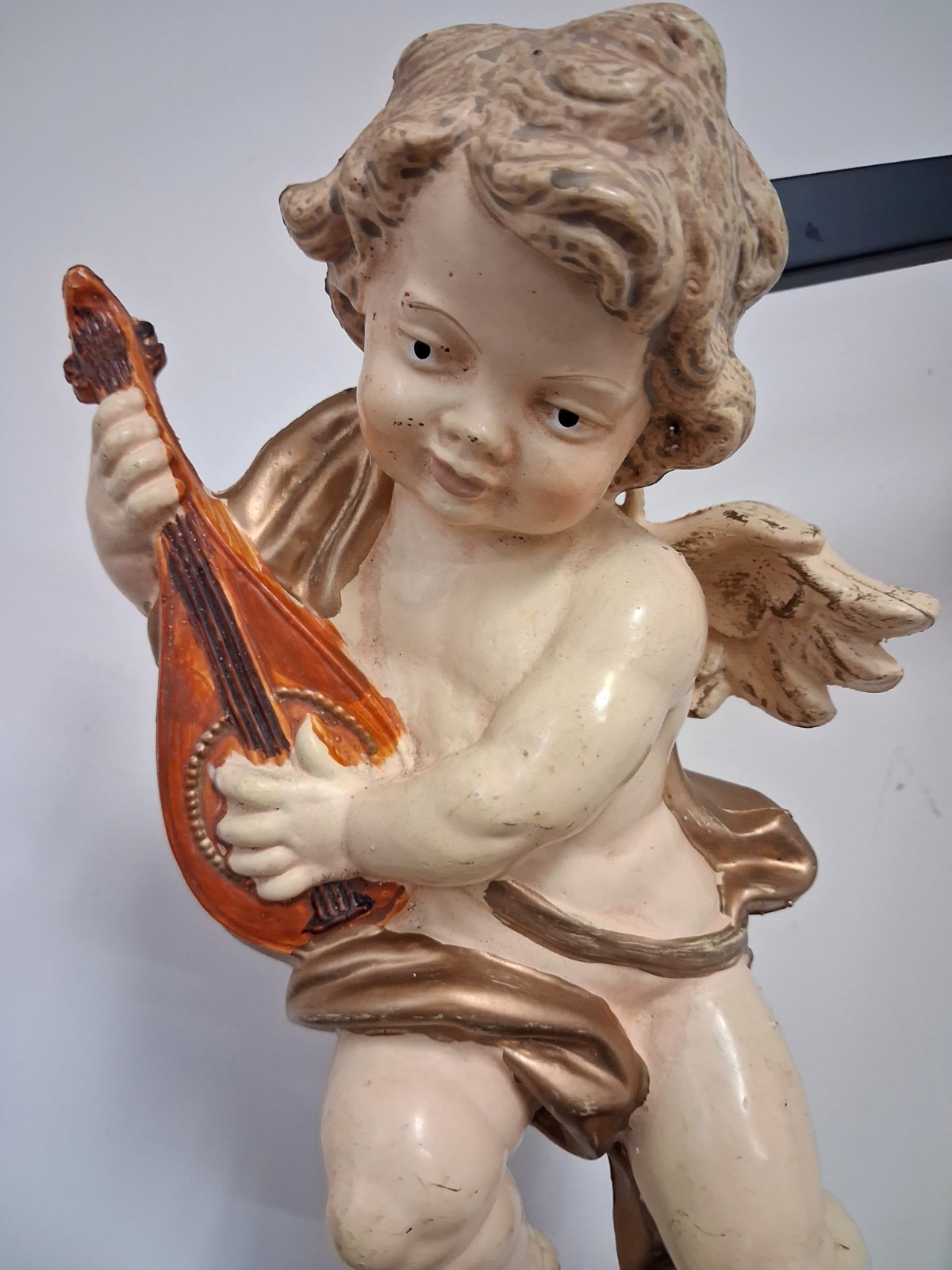 Vintage Winged Cherub Playing Instrument Molded Plastic Hanging Ornament 9″
