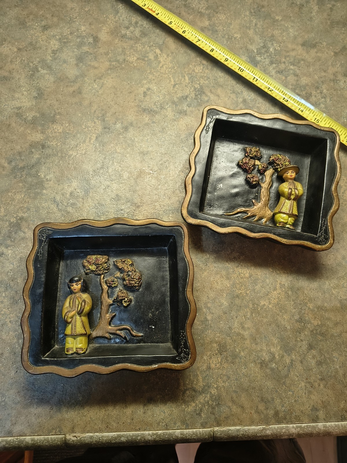 Vtg MCM Asian Retro Wall Plaques Boy Girl Chalkware Black Gold Yellow See Pics