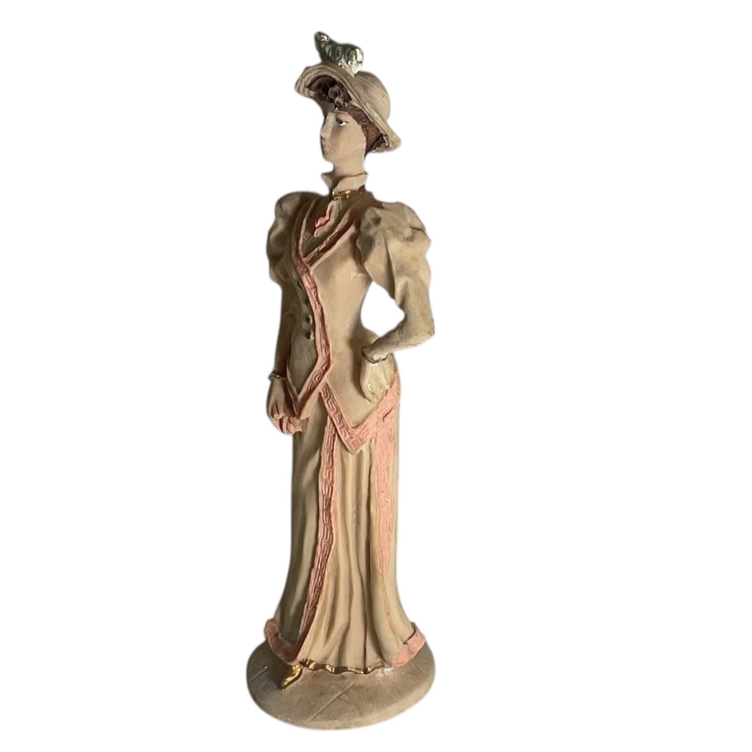 Elegant Victorian Lady Figurine Hand Painted Resin Pink & Cream Dress 9” Decor