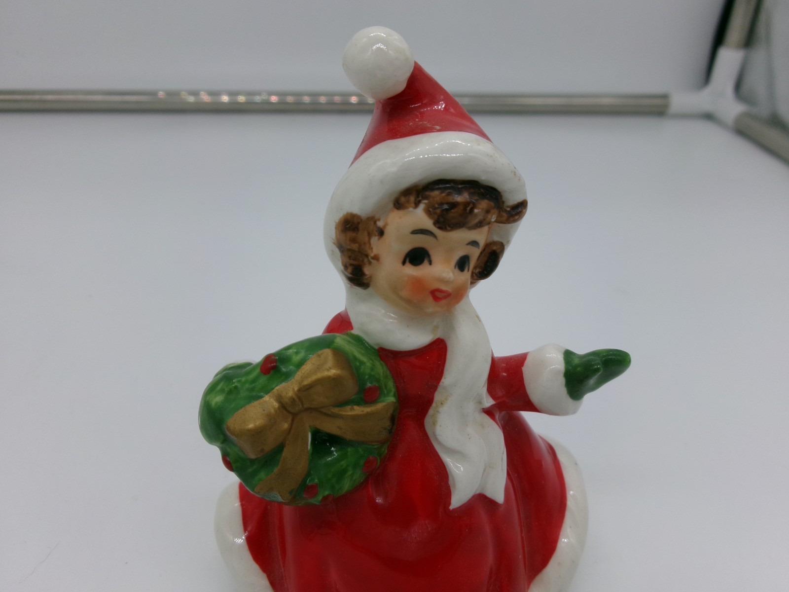 Vintage Christmas Lefton Wreath Girl Foil Sticker on bottom
