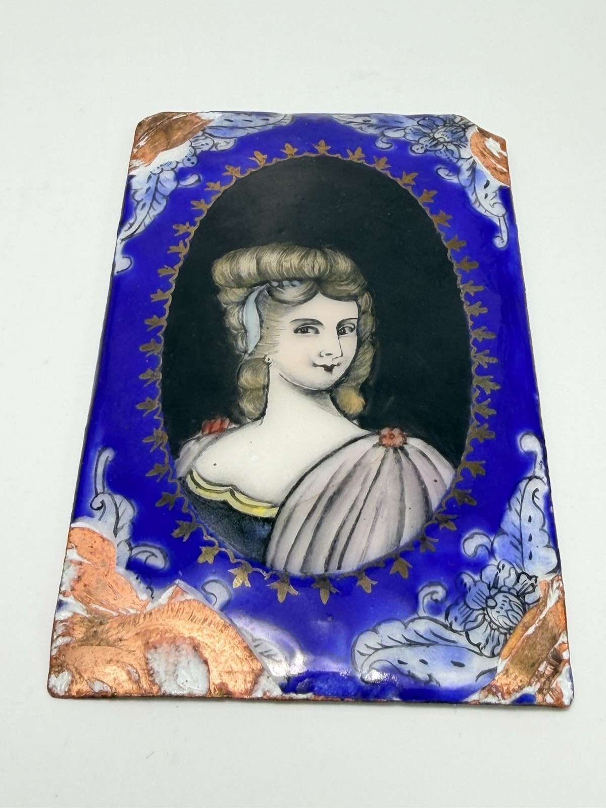Antique Victorian Enamel Portrait Elegant Lady Porcelain Copper Miniature Plaque