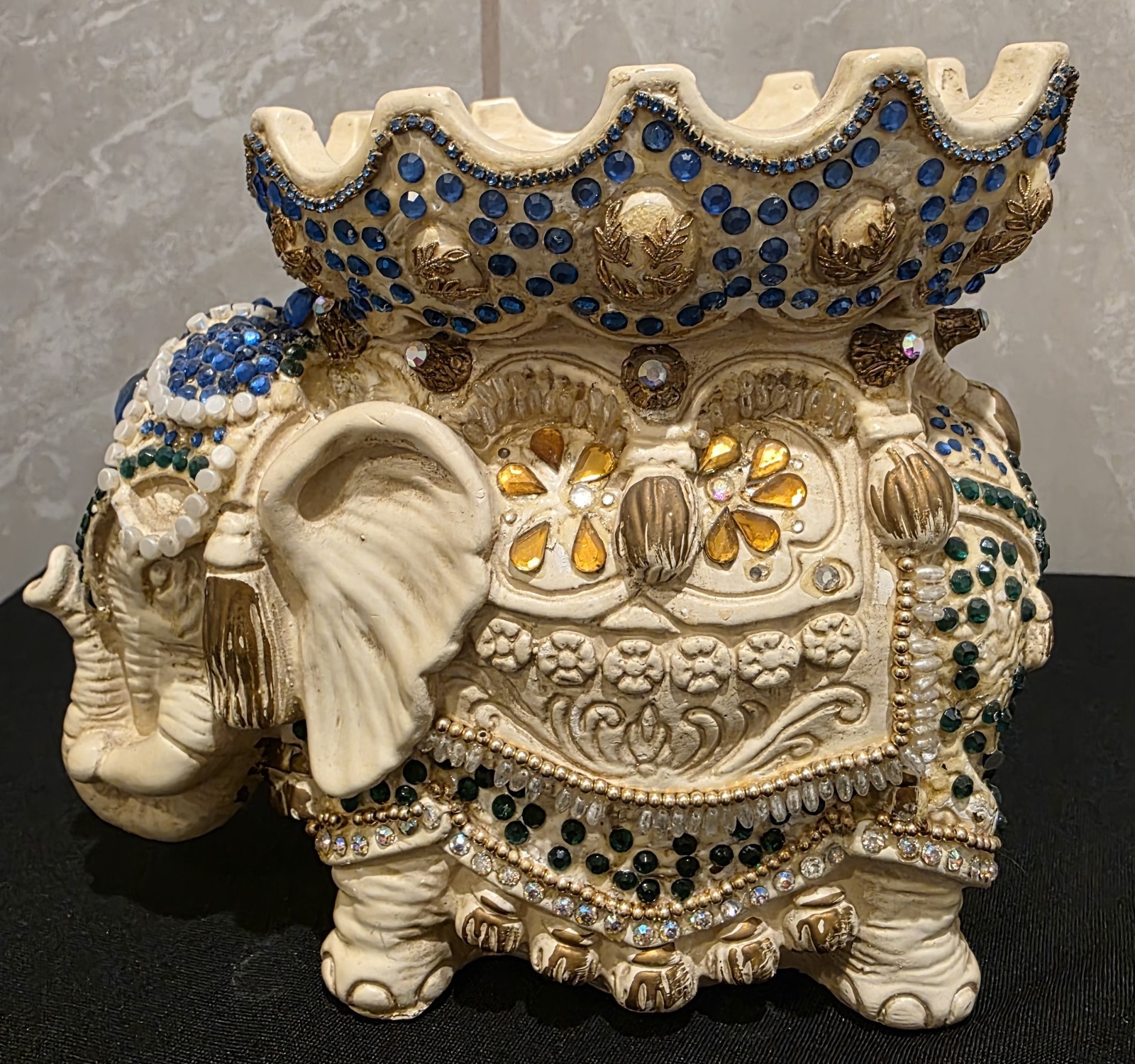 Ornate Jeweled Rhinestone Elephant Figurine Statue Gems Beaded Resin 9.5 ” Tall