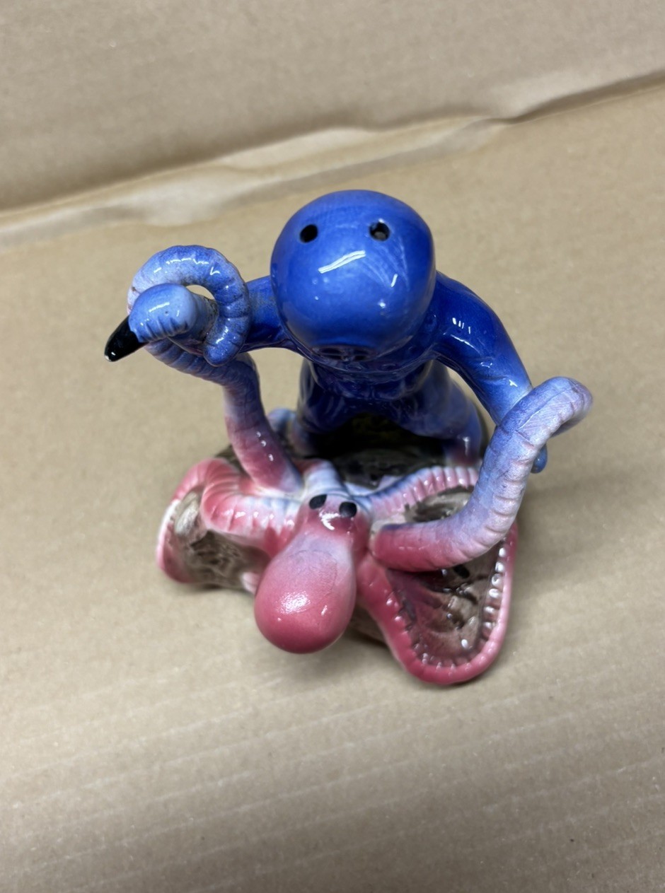 Vintage Ceramic Octopus Deep Sea Diver Tank Figurine Cobalt Blue 50s Nautical