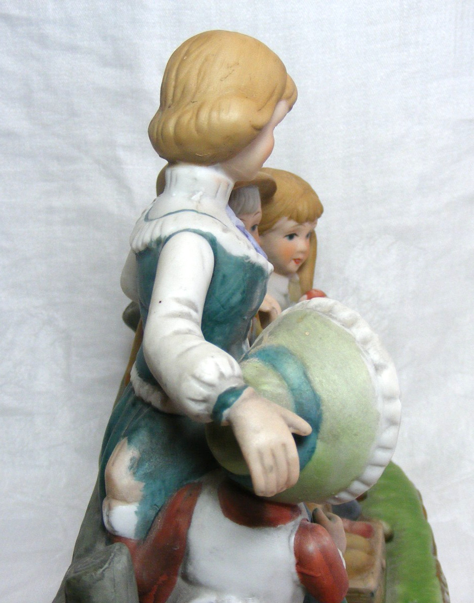 Vintage Decorative Figurine Family Picnic On A Bench Hand Painted Porcelain