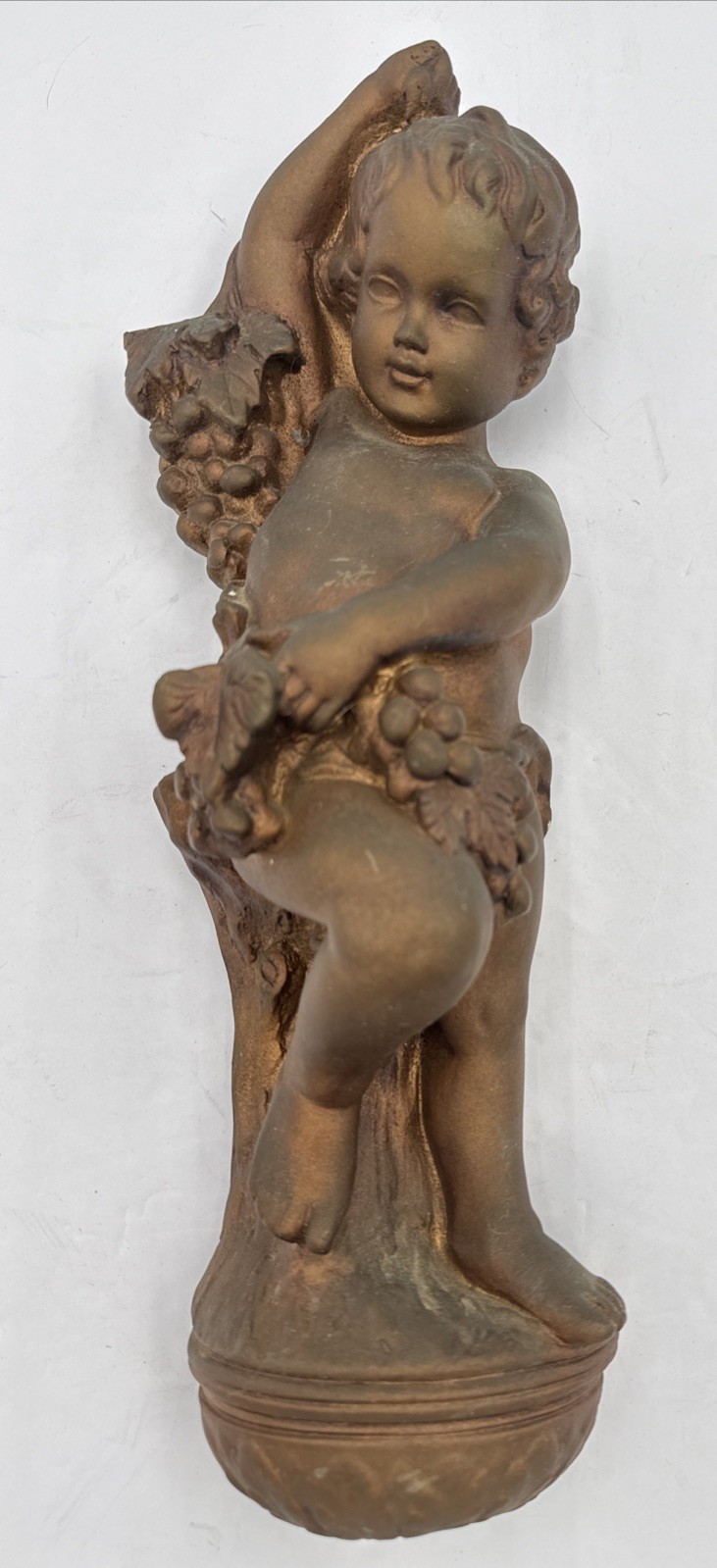Vintage Roman Boy Cherub & Grapes Plaster Chalk Art Figurine Wall Decor 13.5”