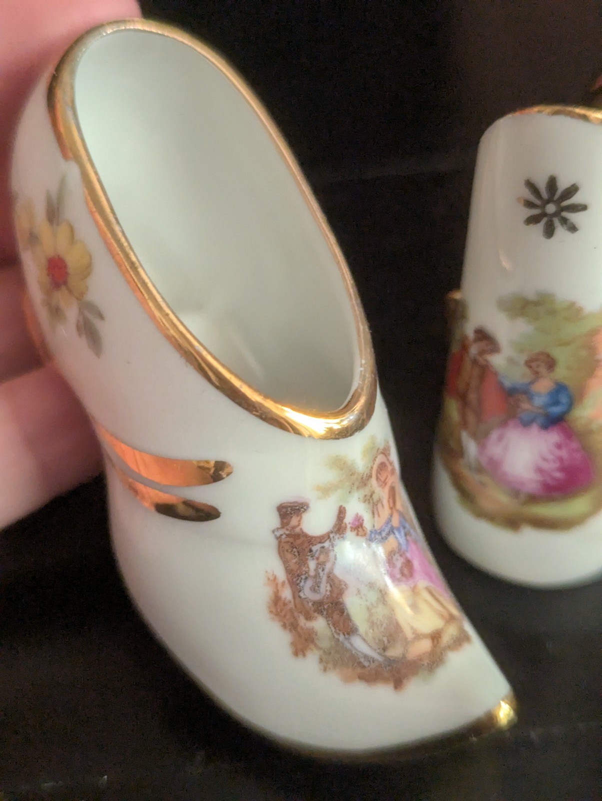Lot Vtg Limoges France Porcelain Miniature Courting Couple Rococo Shoe Vase Tea