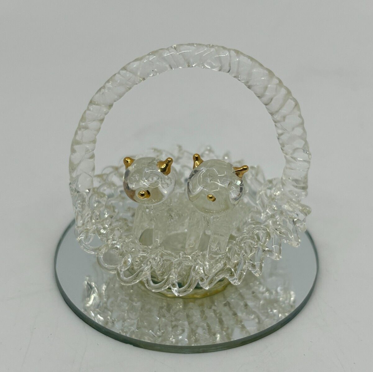 Set Of 4 Spun Glass Figurines Mirrored Base Kittens Shoe Baby Carriage Apple