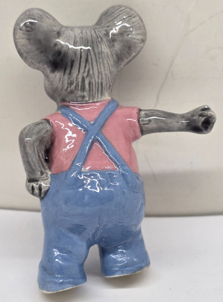 Mouse Ceramic Mini Figurine In Overalls Leaning Arm Out