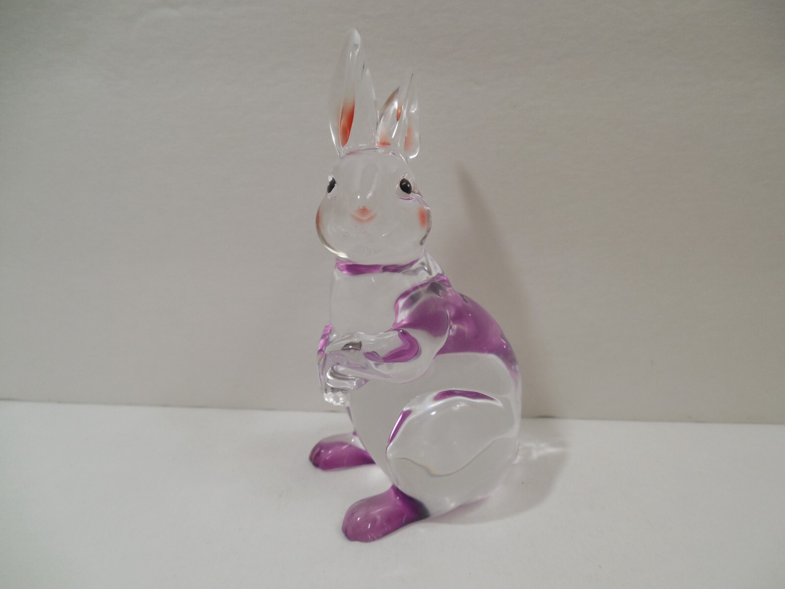 Acrylic Lucite Bunny Figurine ~ Clear ~ Pink Tint Ears ~ Purple Feet ~ 4″ Tall