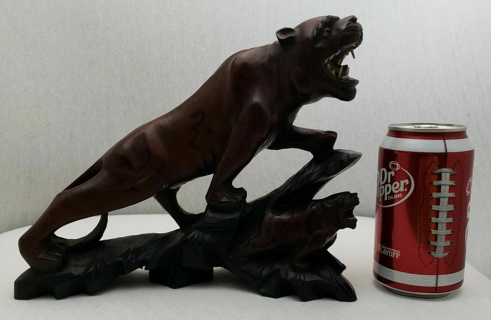 Antique Wood Carved Chinese Tigers Statue Redwood Vintage Glass Eyes Asian RARE