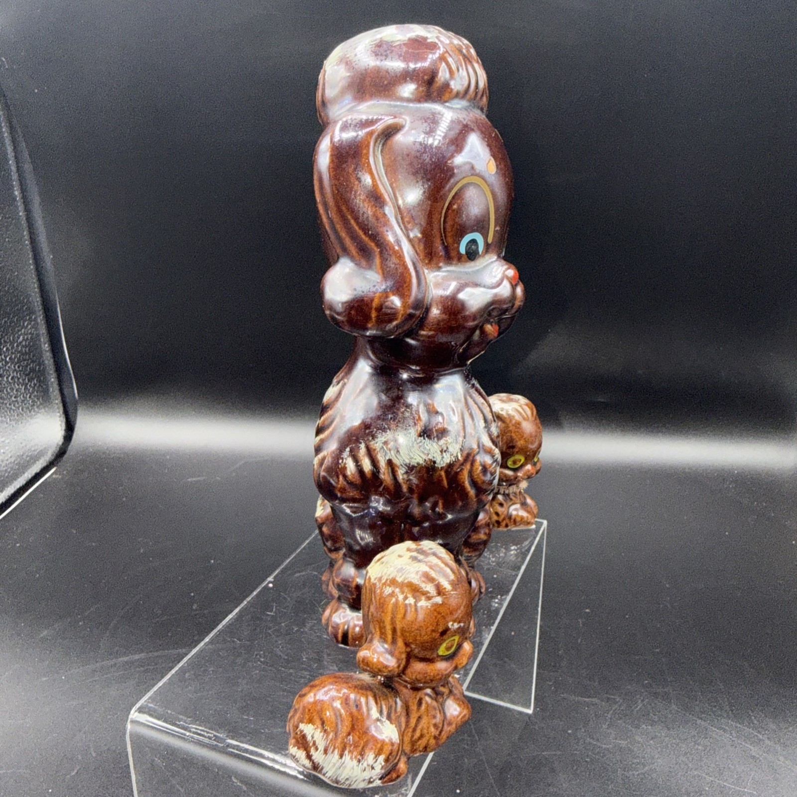 Japan Hand-Painted Anthropomorphic Redware Poodle Dog Mom 2 Puppies