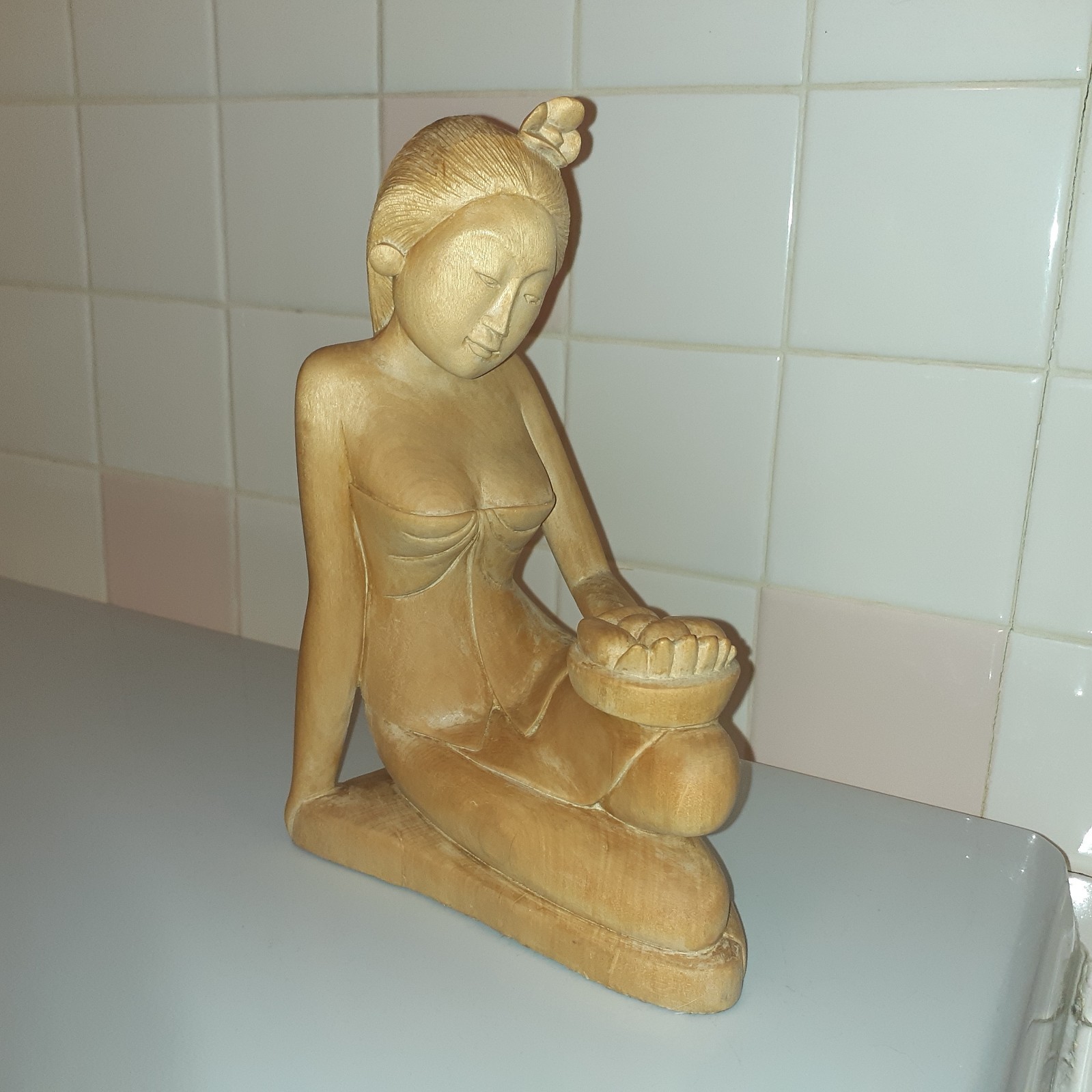 Beautiful Hand Carved Wood Asian Girl Figurine 9.5″ tall x 4.5″ x 6.6″