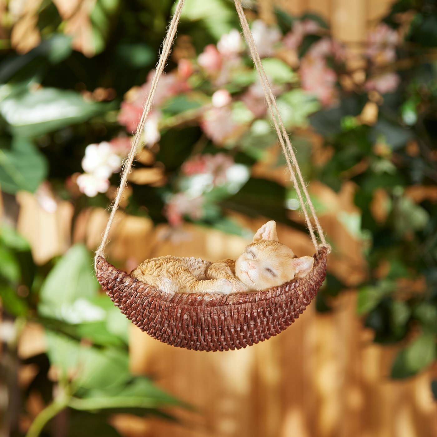 Brown Polyresin Whimsy Napping Cat On Hammock Figurine Indoor Outdoor Decor