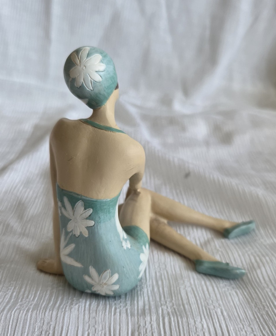 3 Art Deco Bathing Beauty Figurines Teal Blue Flower Swim Suit Retro Beach Babes