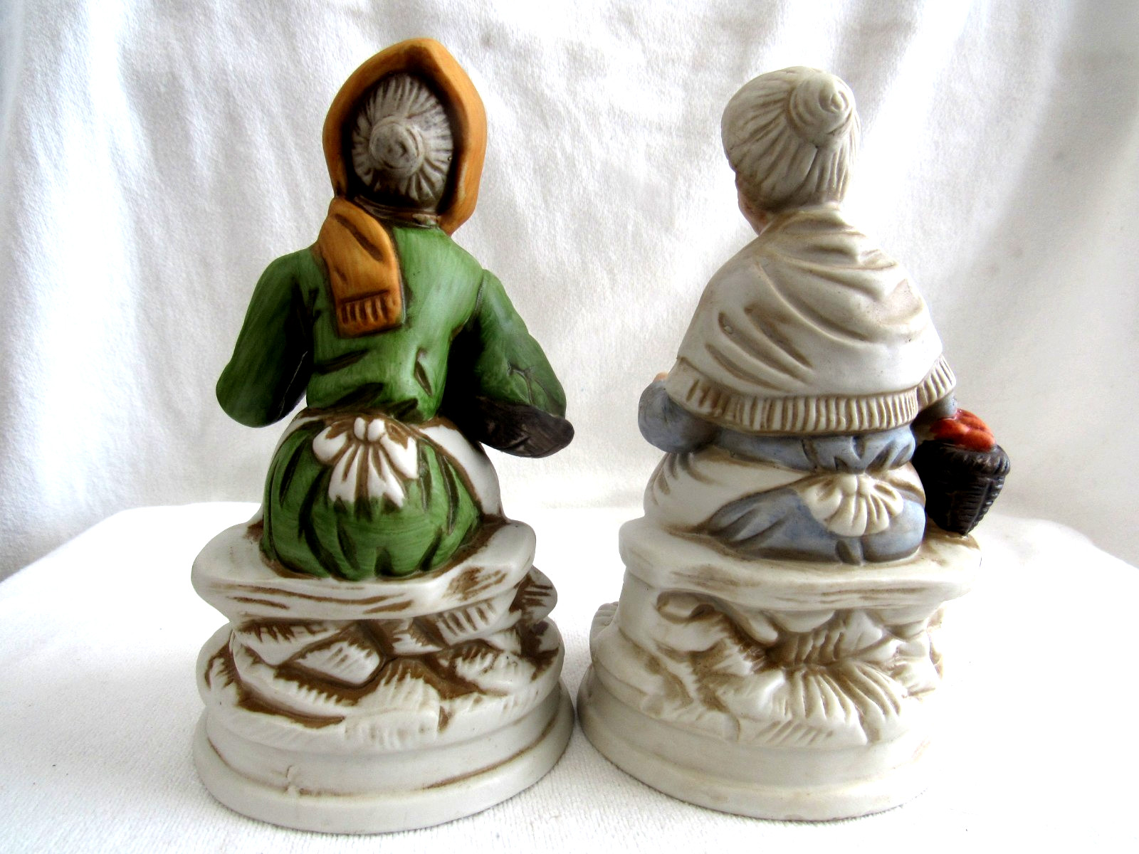 2 Old Women Sitting Holding Vegetable Baskets Figurines